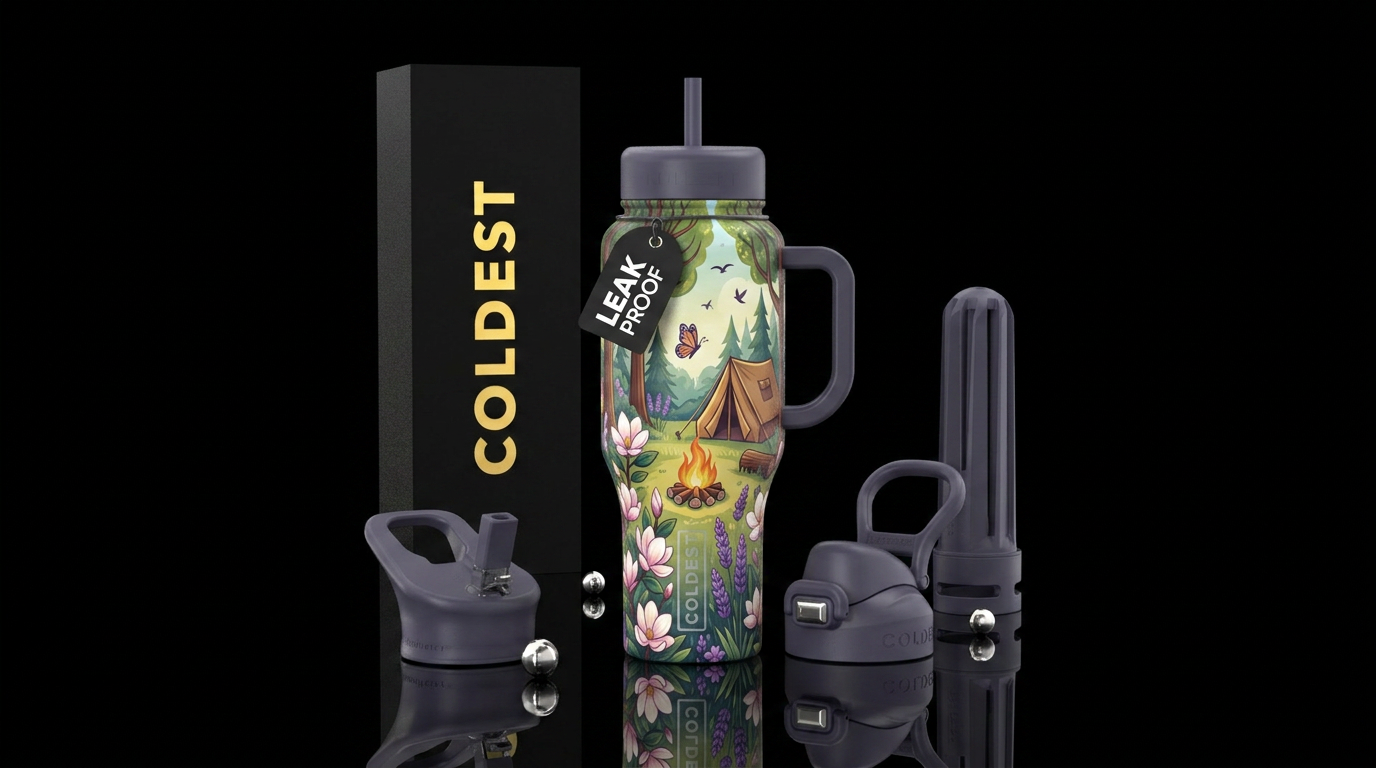 Midsummer camping magnolia and lavender fields, mo... water bottle design