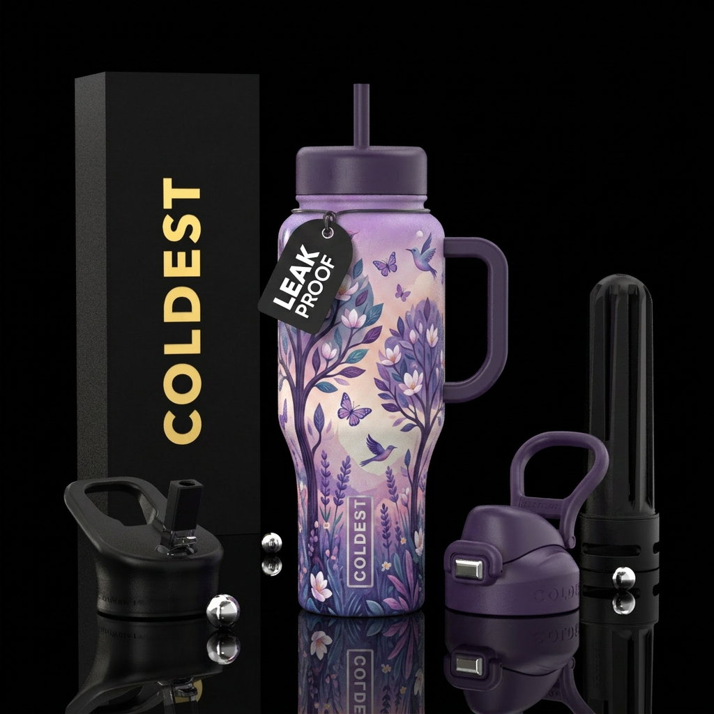 Midsummer camping magnolia and lavender fields, mo... water bottle design
