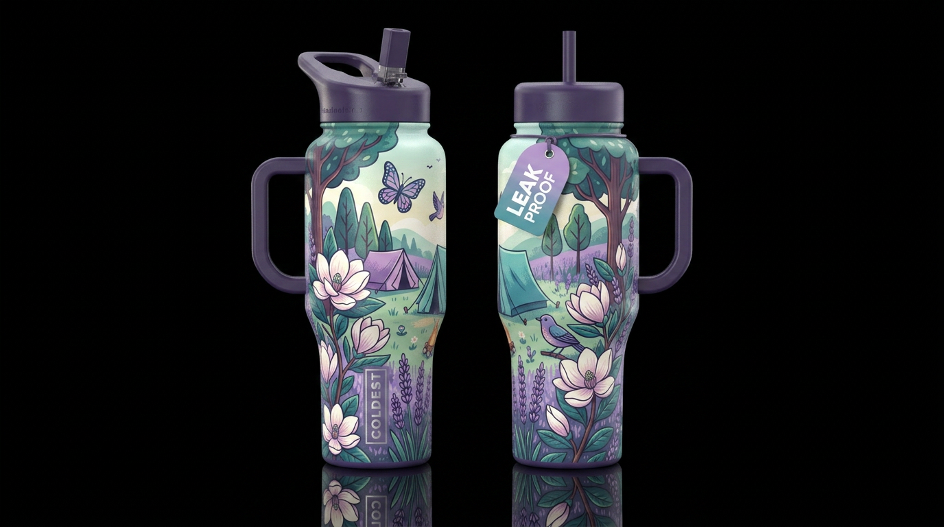 Midsummer camping magnolia and lavender fields, mo... water bottle design