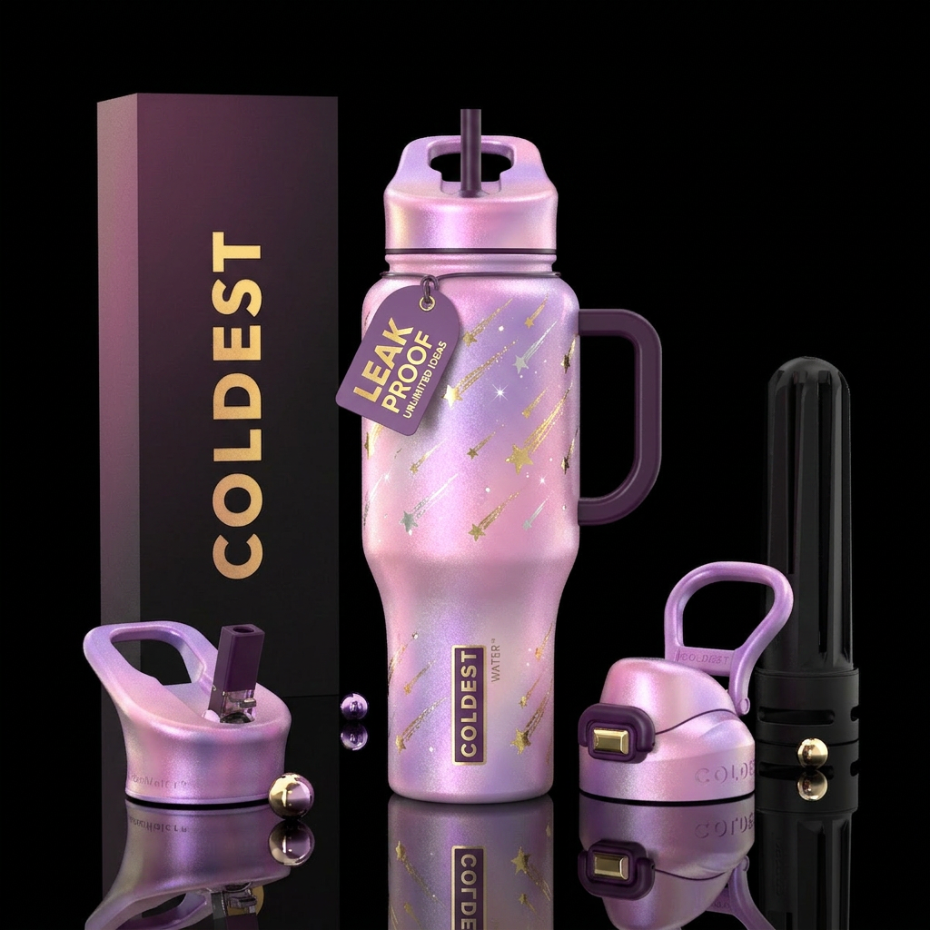 Light pink and purple background with pearl Moonli... water bottle design