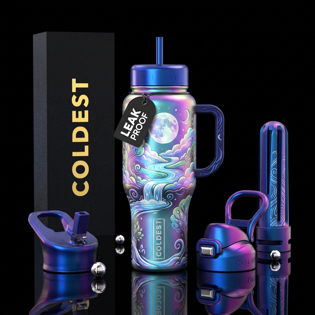 pearlescent moon with gentle streams and waterfall... water bottle design