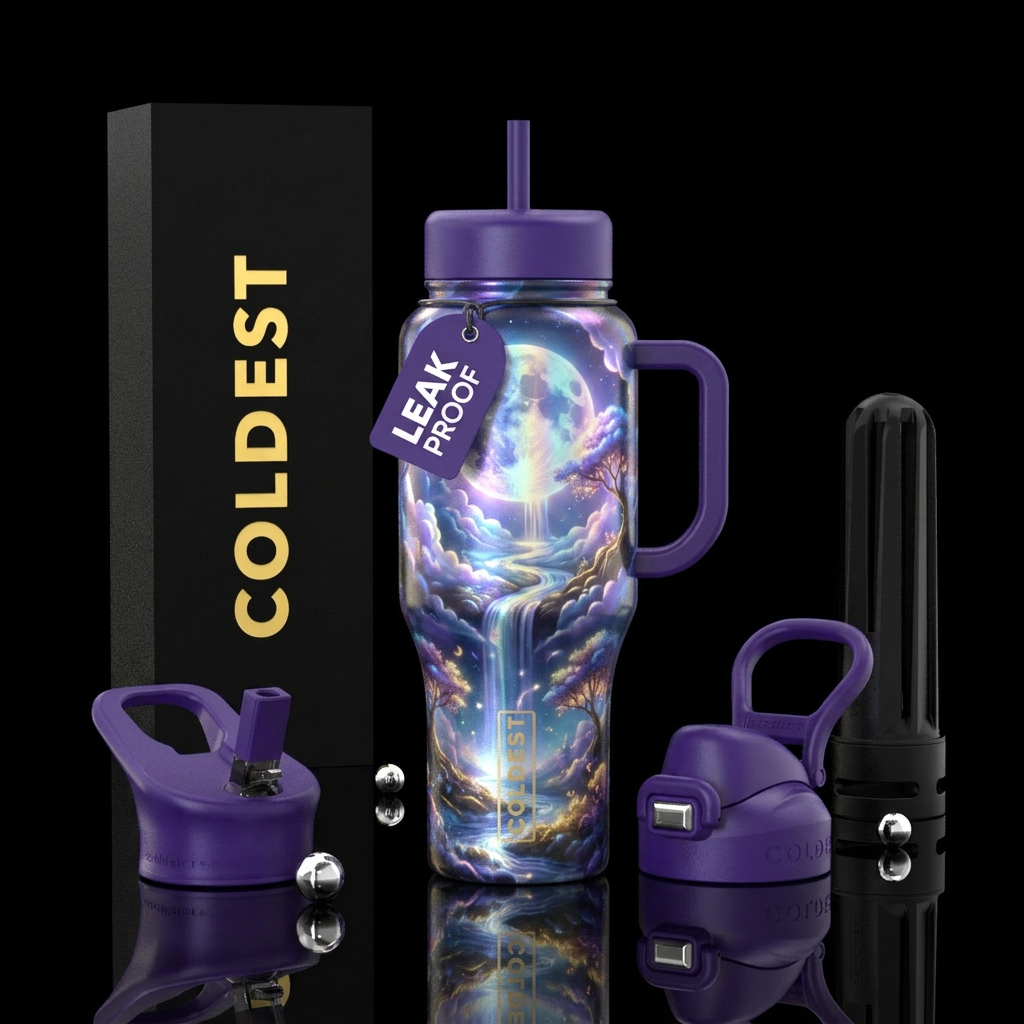 pearlescent moon with gentle streams and waterfall... water bottle design