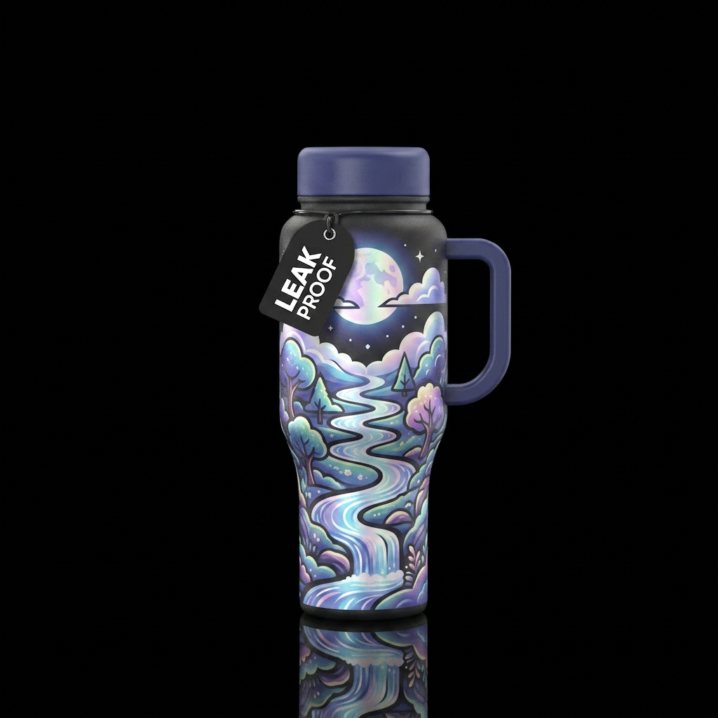 pearlescent moon with gentle streams and waterfall... water bottle design