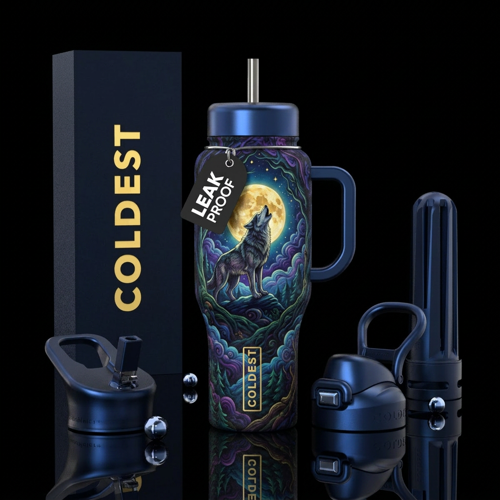 wolf, cloud, fantasy, vibrant, whimsical, luxuriou... water bottle design
