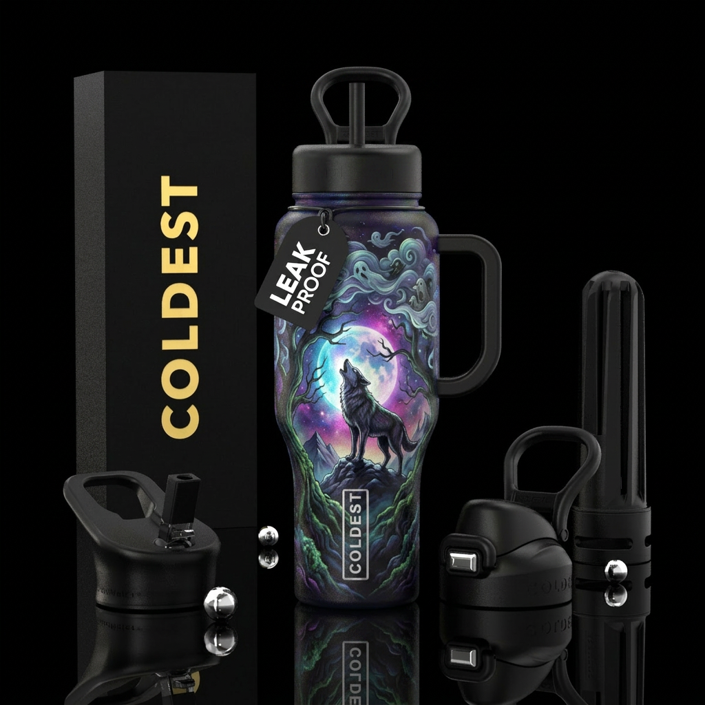 wolf, cloud, fantasy, vibrant, whimsical, luxuriou... water bottle design