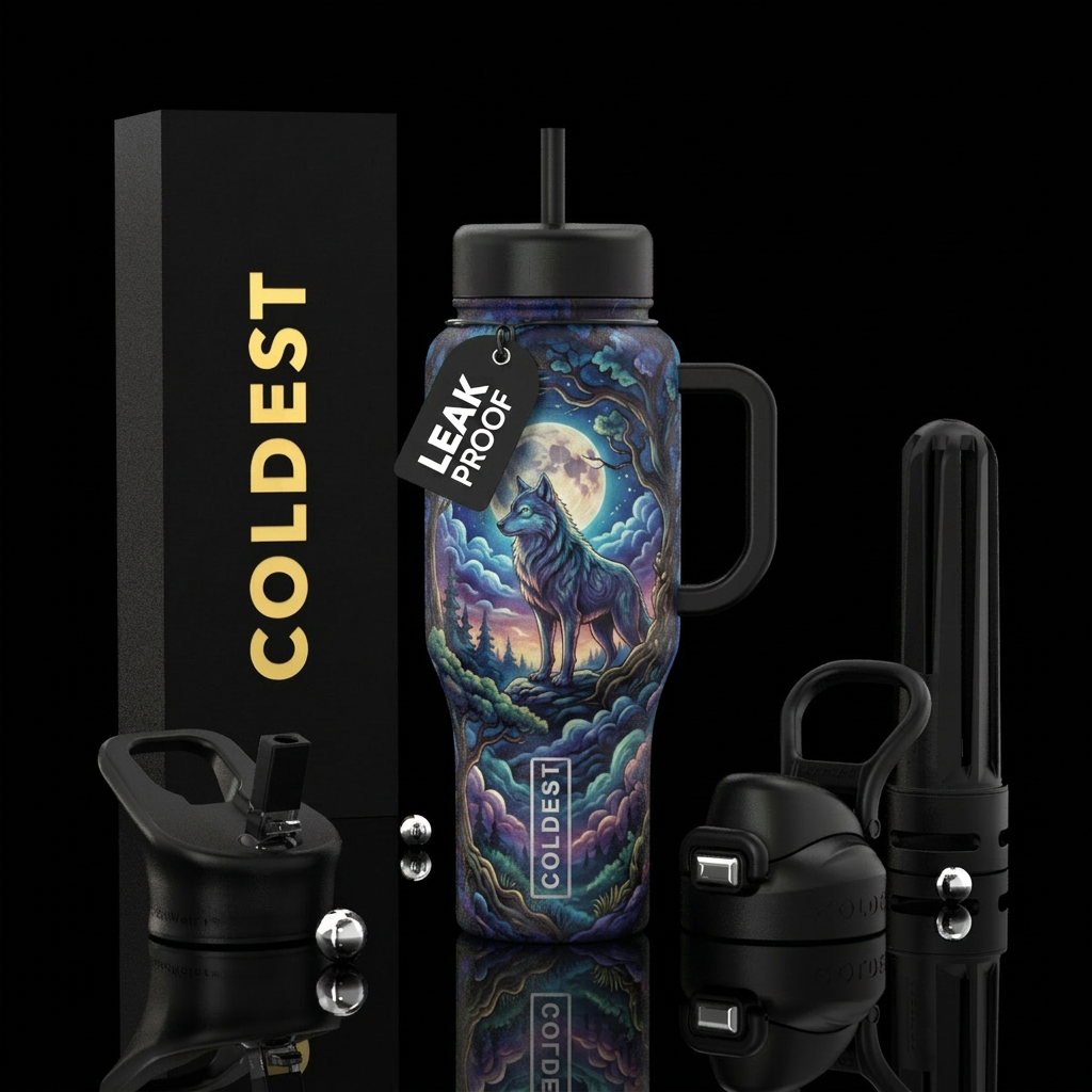 wolf, cloud, fantasy, vibrant, whimsical, luxuriou... water bottle design