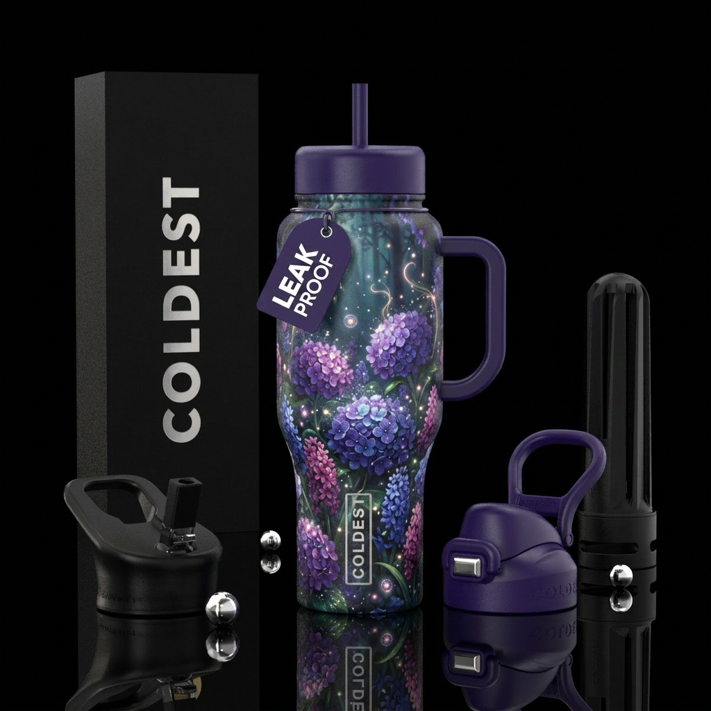 Hydrangeas purple and blue, hyacinth dark pink blu... water bottle design