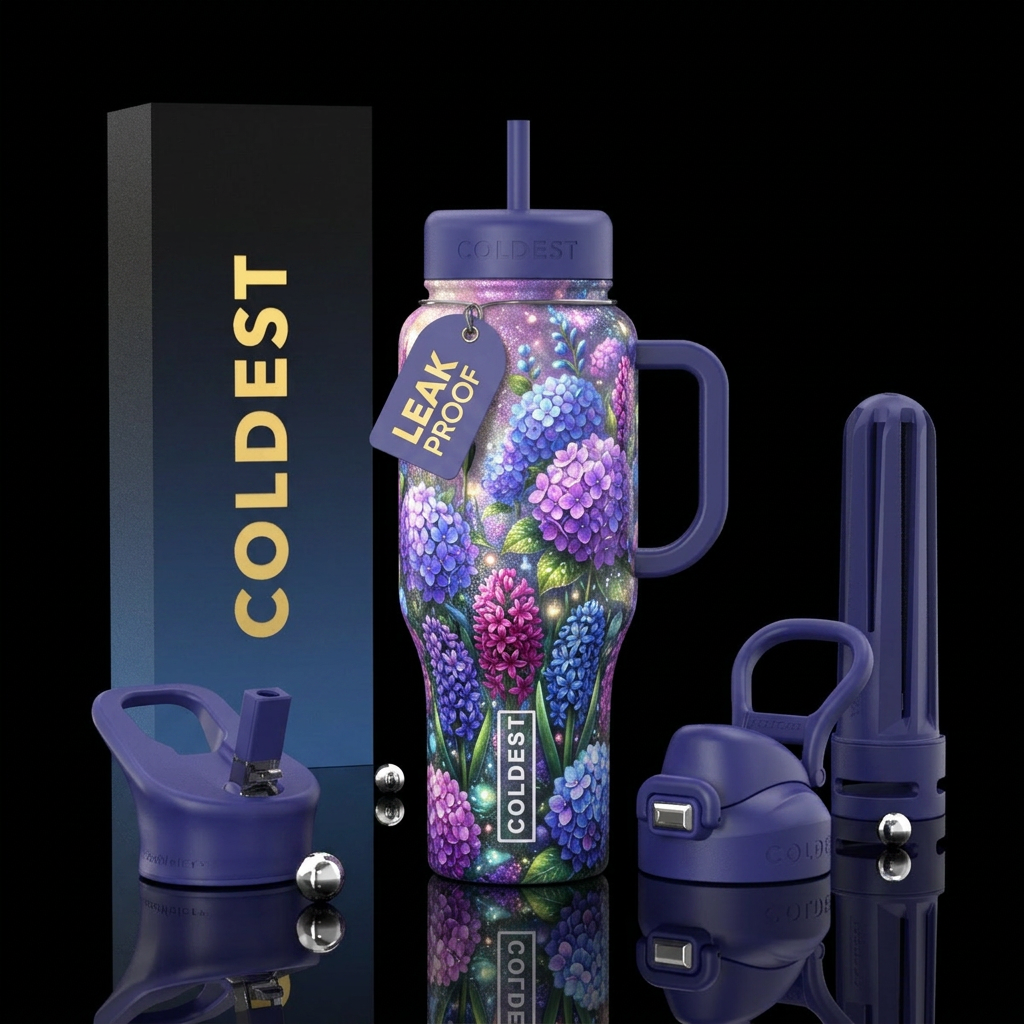 Hydrangeas purple and blue, hyacinth dark pink blu... water bottle design