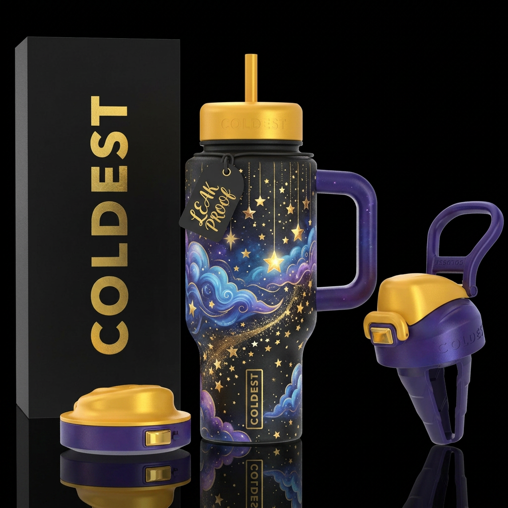Starlight drops, clouds, golden stars showering do... water bottle design