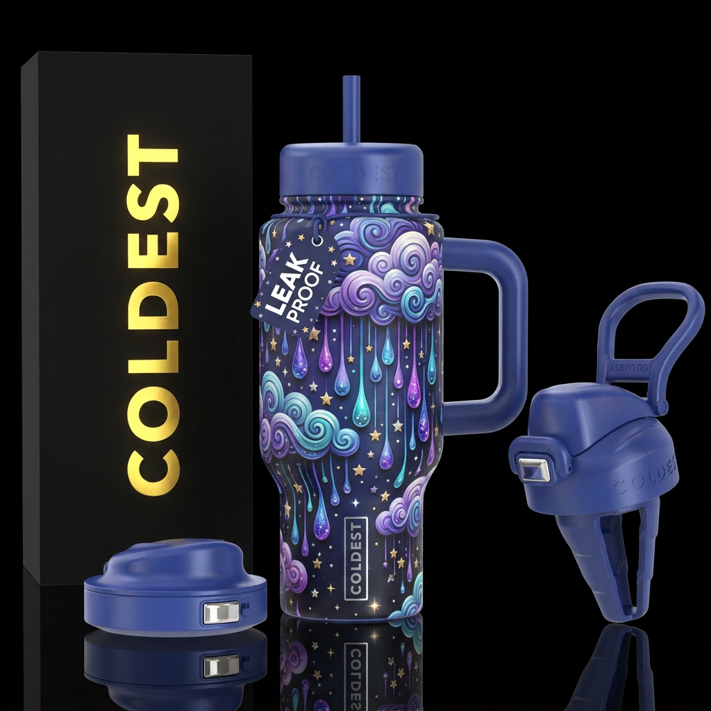 Starlight drops, clouds, golden stars showering do... water bottle design