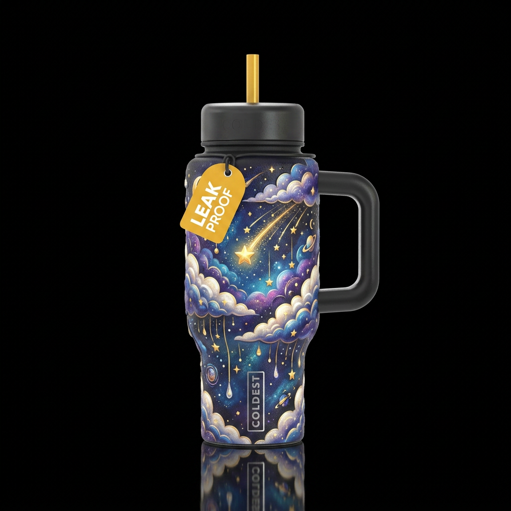 Starlight drops, clouds, golden stars showering do... water bottle design