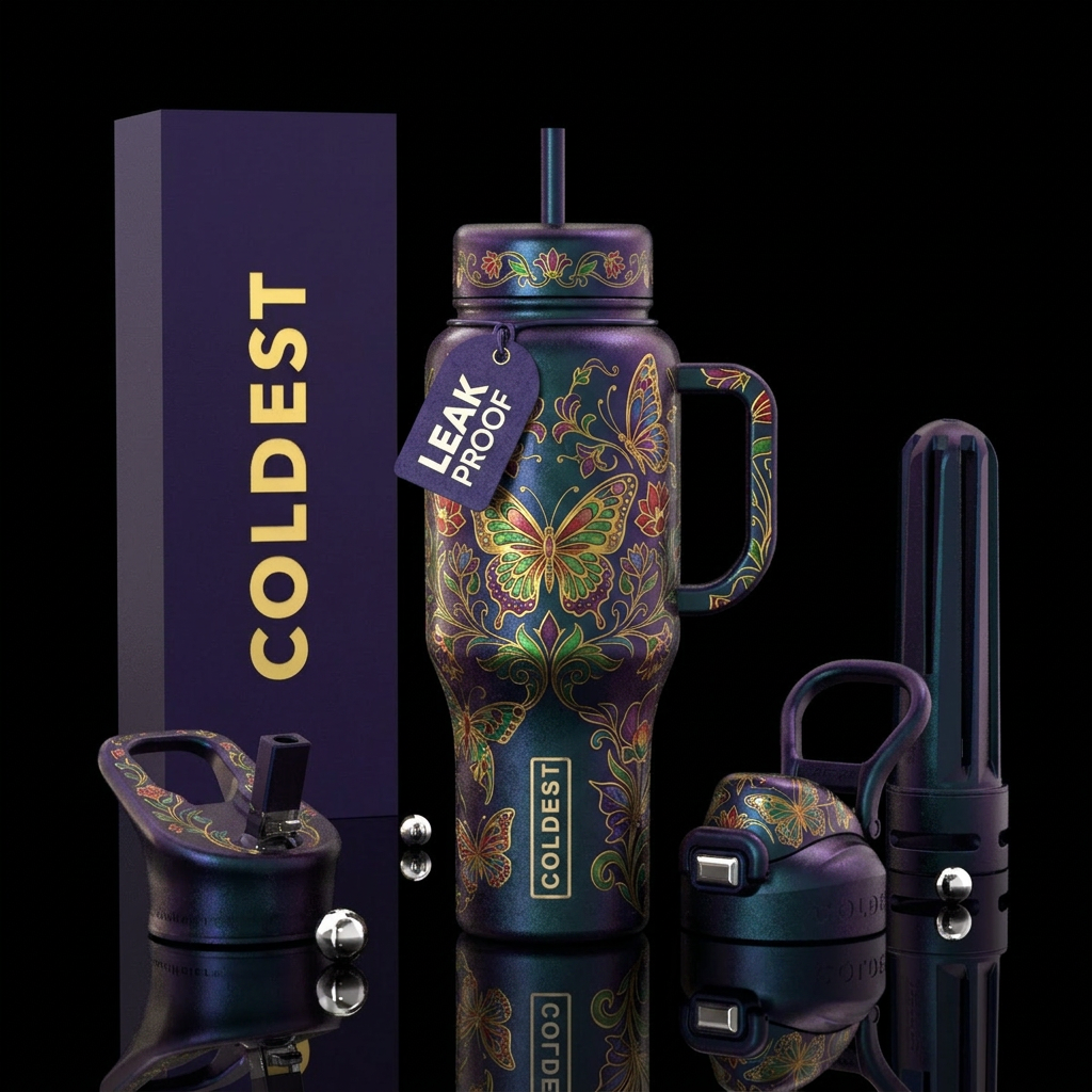 european, inbued, butterfly, happy mood, luxurious... water bottle design