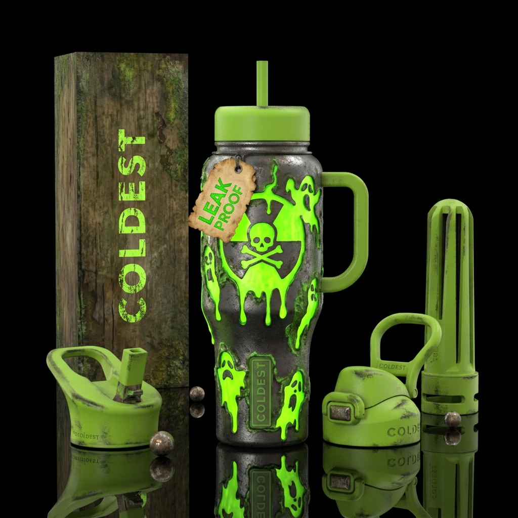 Halloween inbied Toxic waste symbol, vibrant, glow... water bottle design