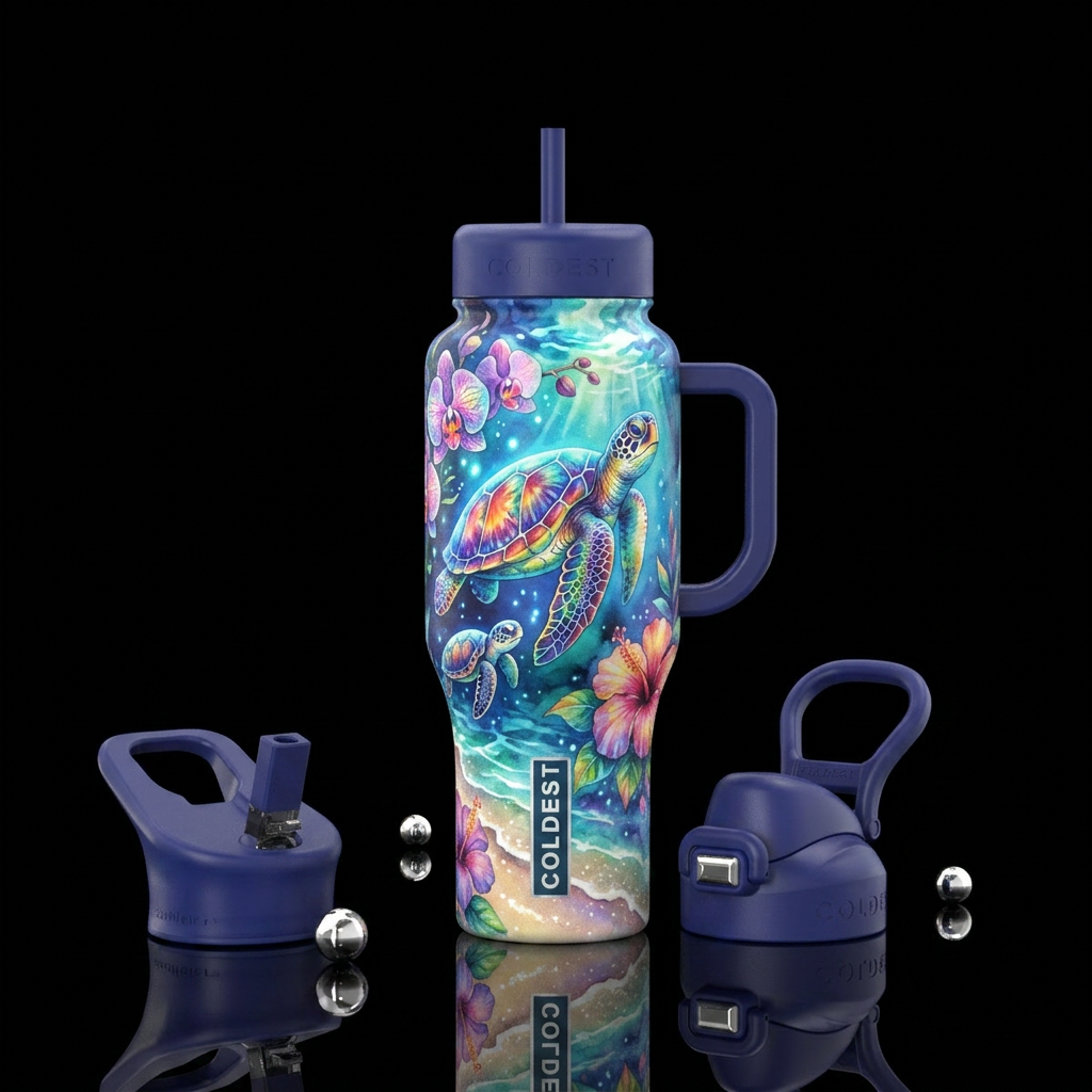 Bioluminescent waters, shimmer sand beach, glowie ... water bottle design