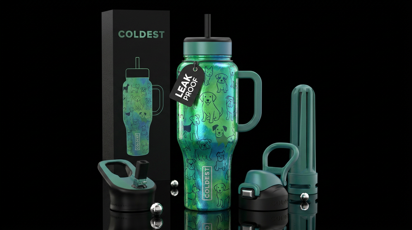 Shiny green and blue background with playful puppi... water bottle design
