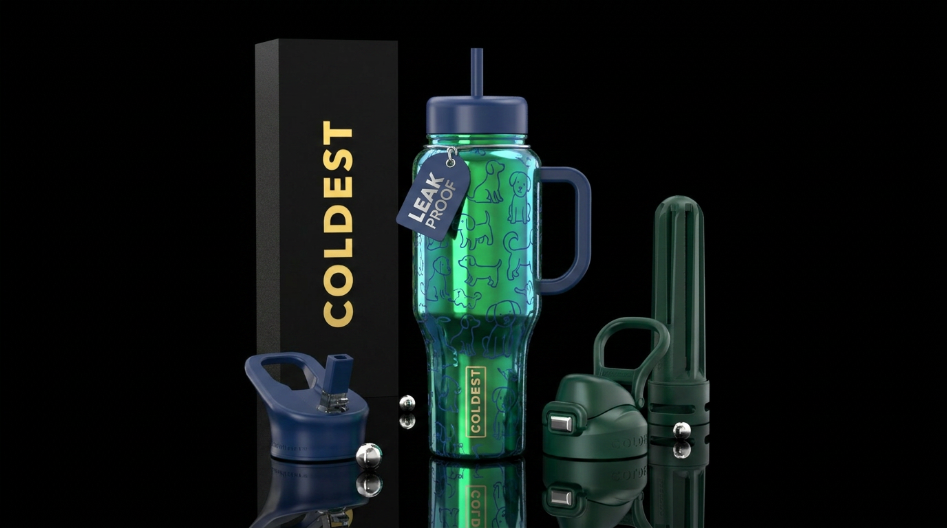 Shiny green and blue background with playful puppi... water bottle design