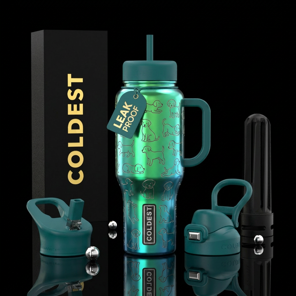 Shiny green and blue background with playful puppi... water bottle design