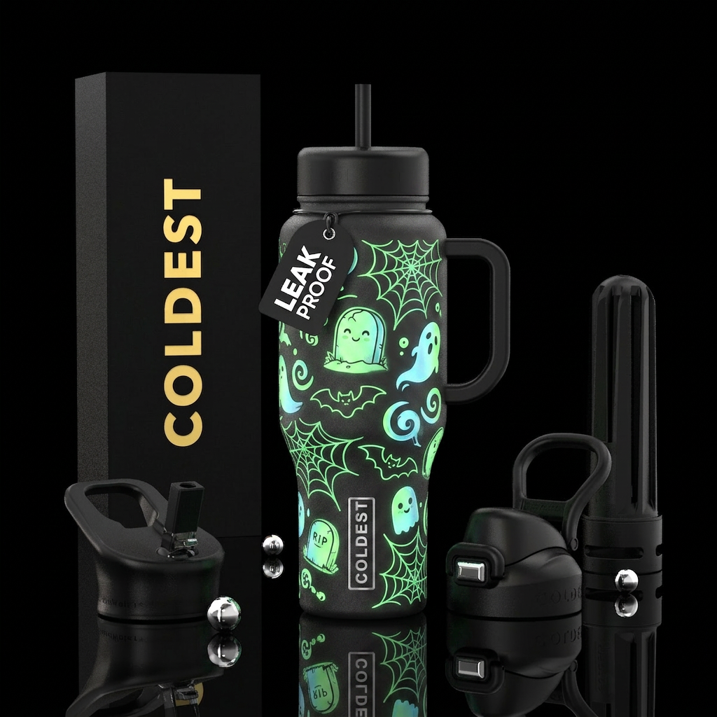Halloween tombstones and ghosts glow in the dark i... water bottle design