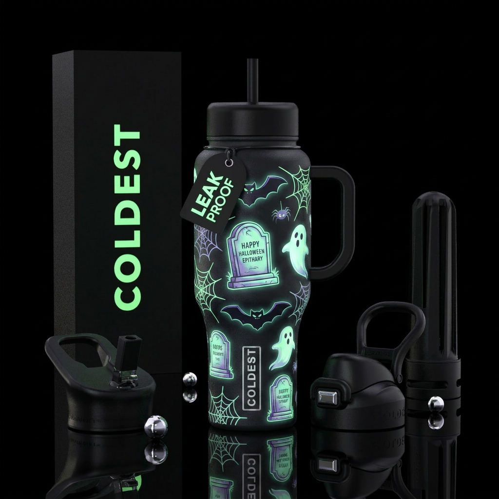 Halloween tombstones and ghosts glow in the dark i... water bottle design