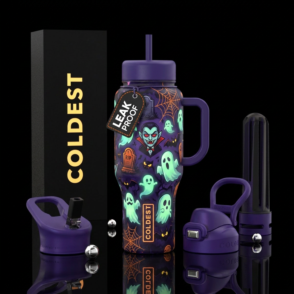 Halloween tombstones and ghosts glow in the dark i... water bottle design