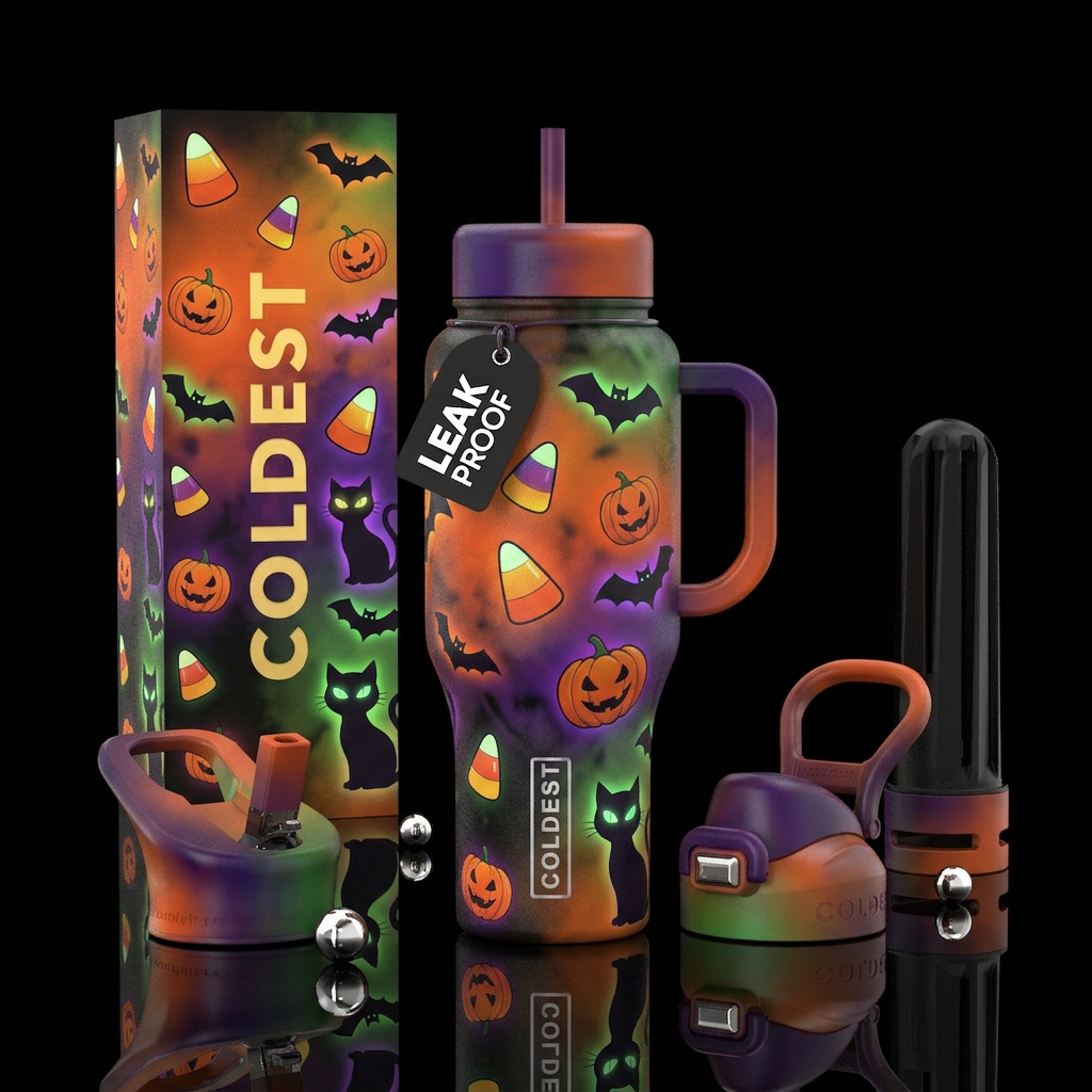 Halloween colors ombred with candy corns, pumpkins... water bottle design