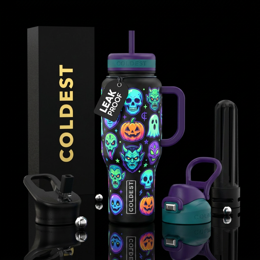 Glow in the dark Halloween masks cartoon style, ar... water bottle design
