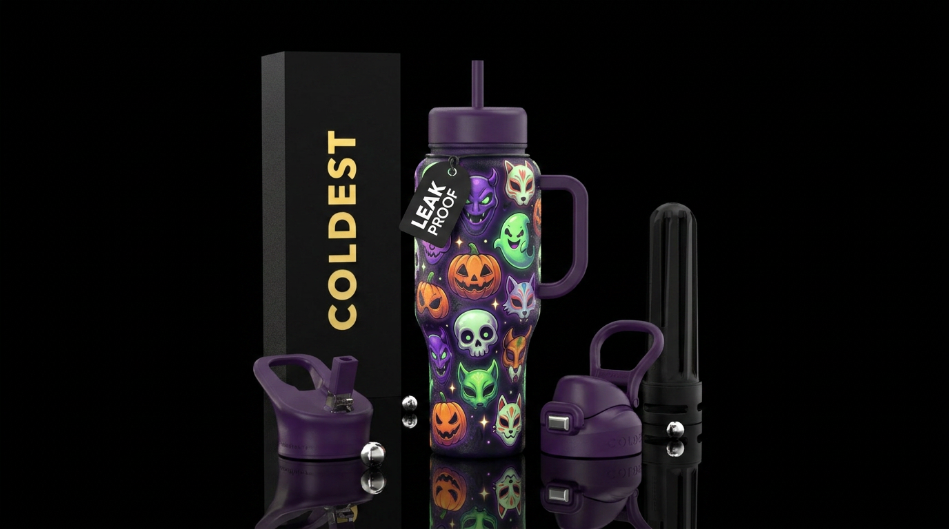 Glow in the dark Halloween masks cartoon style, ar... water bottle design