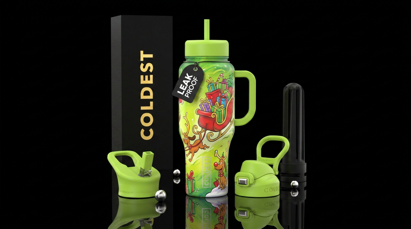 The grinch inspired Santa's sleigh with max pullin... water bottle design