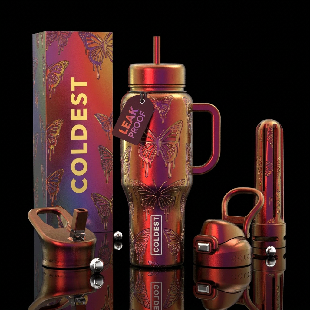 irridescent red chameleon shiny inbued with meltin... water bottle design