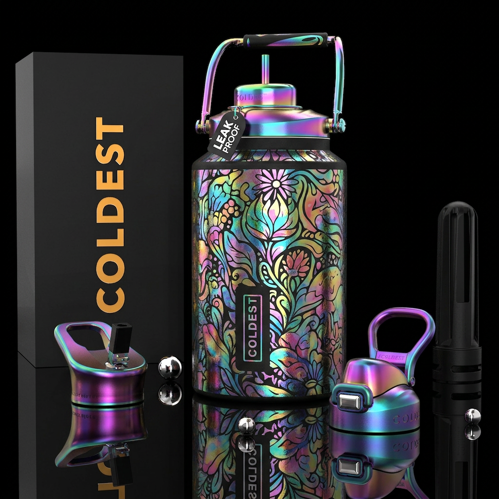 irridescent, watercolor, inbued, cartoon, artistic... water bottle design