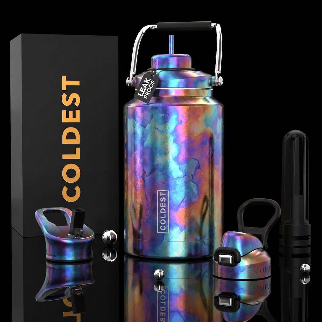 irridescent, watercolor, inbued, cartoon, artistic... water bottle design