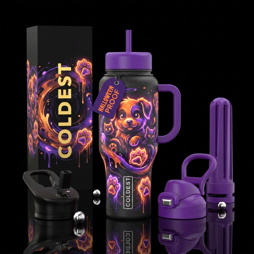 Halloween puppy inbued, glowie, vibrant, artistic,... water bottle design