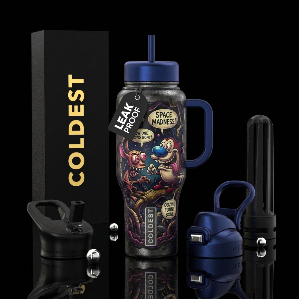 Ren and Stimpy inspired, funny, vibrant, modern, a... water bottle design