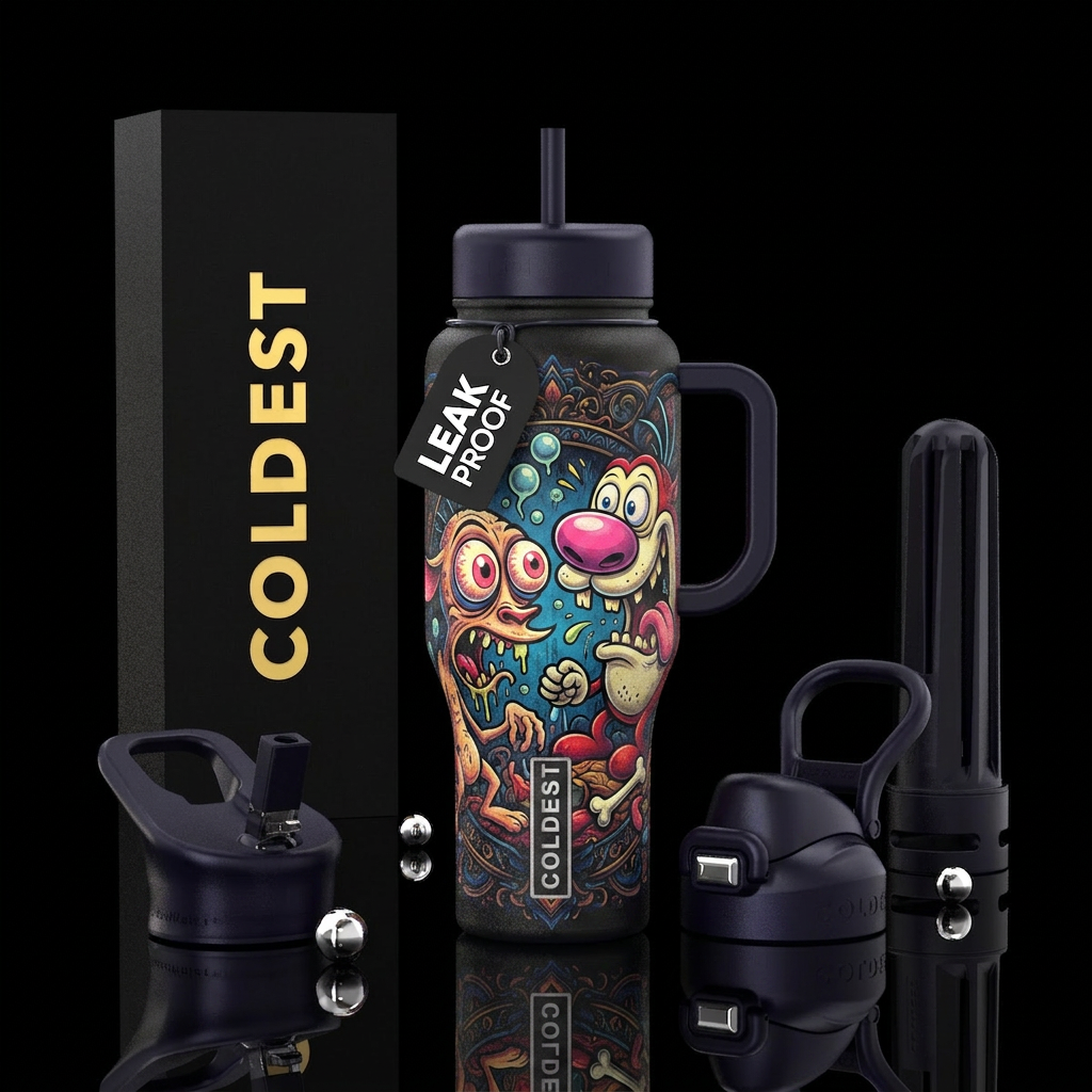 Ren and Stimpy inspired, funny, vibrant, modern, a... water bottle design