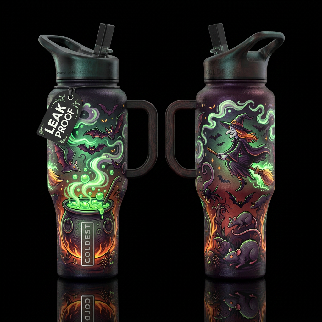 Halloween witches cauldron witches broom bats rats... water bottle design