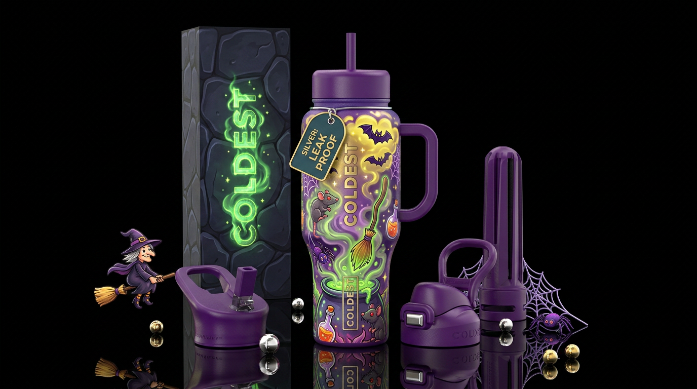 Halloween witches cauldron witches broom bats rats... water bottle design