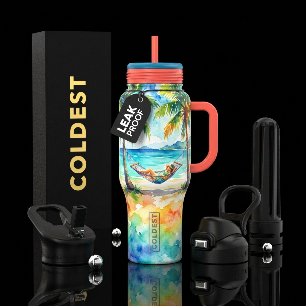 Hammock inspired, happy mood, luxurious, vibrant, ... water bottle design