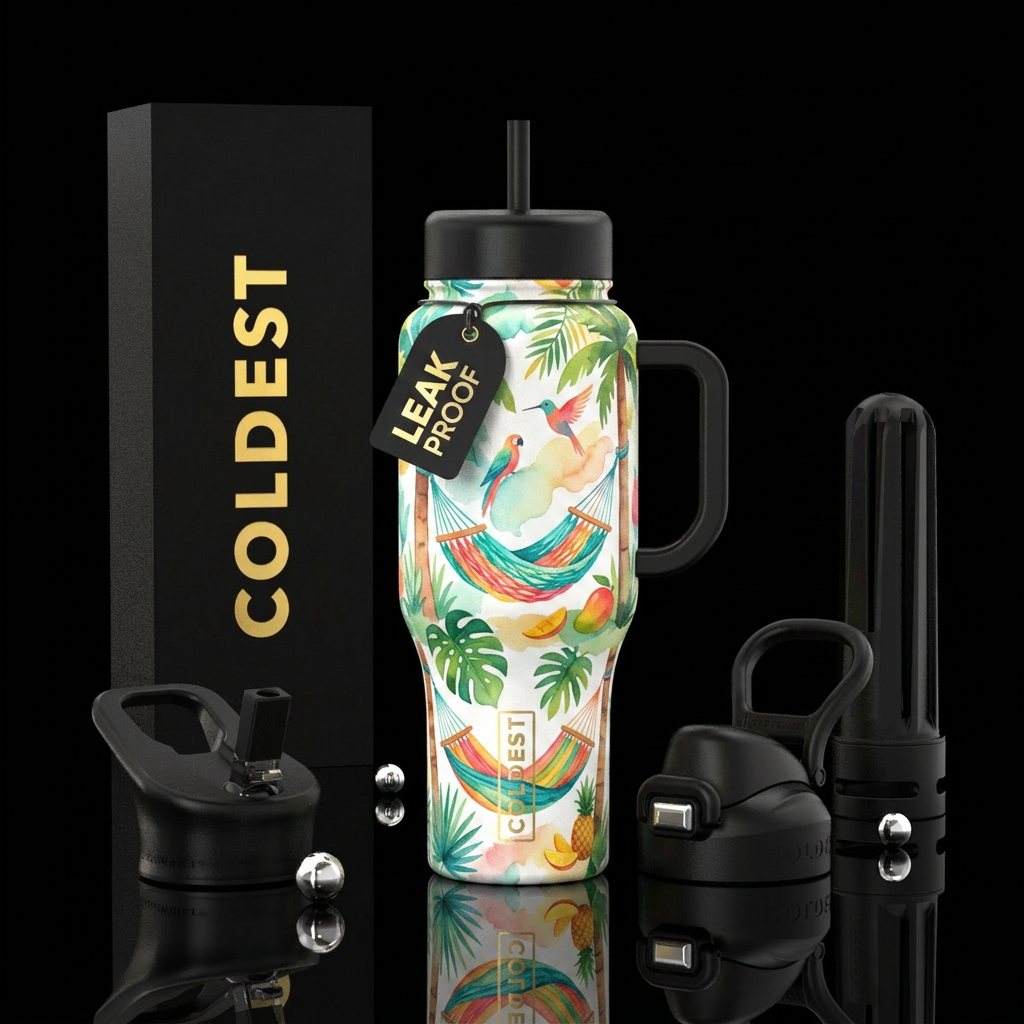 Hammock inspired, happy mood, luxurious, vibrant, ... water bottle design