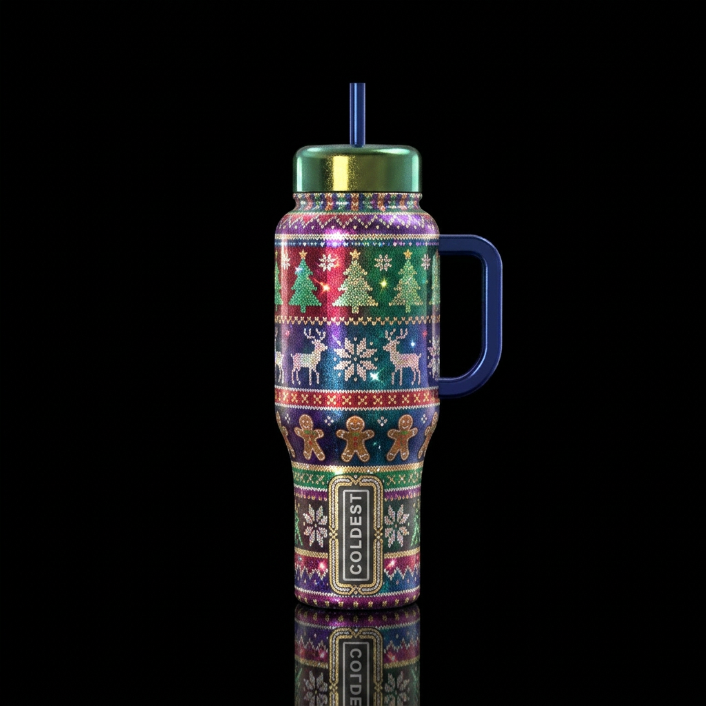 Christmas ugly sweater inspired, funny, vibrant, m... water bottle design