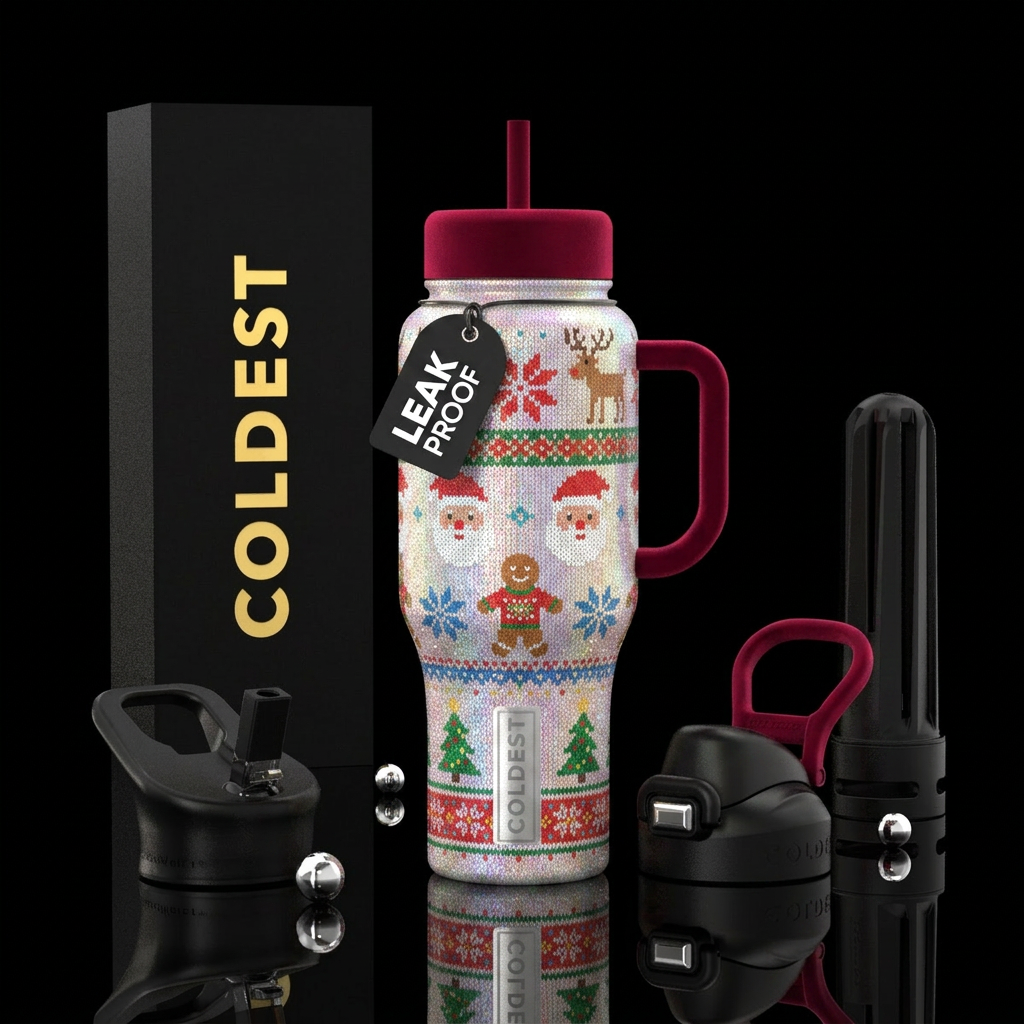 Christmas ugly sweater inspired, funny, vibrant, m... water bottle design