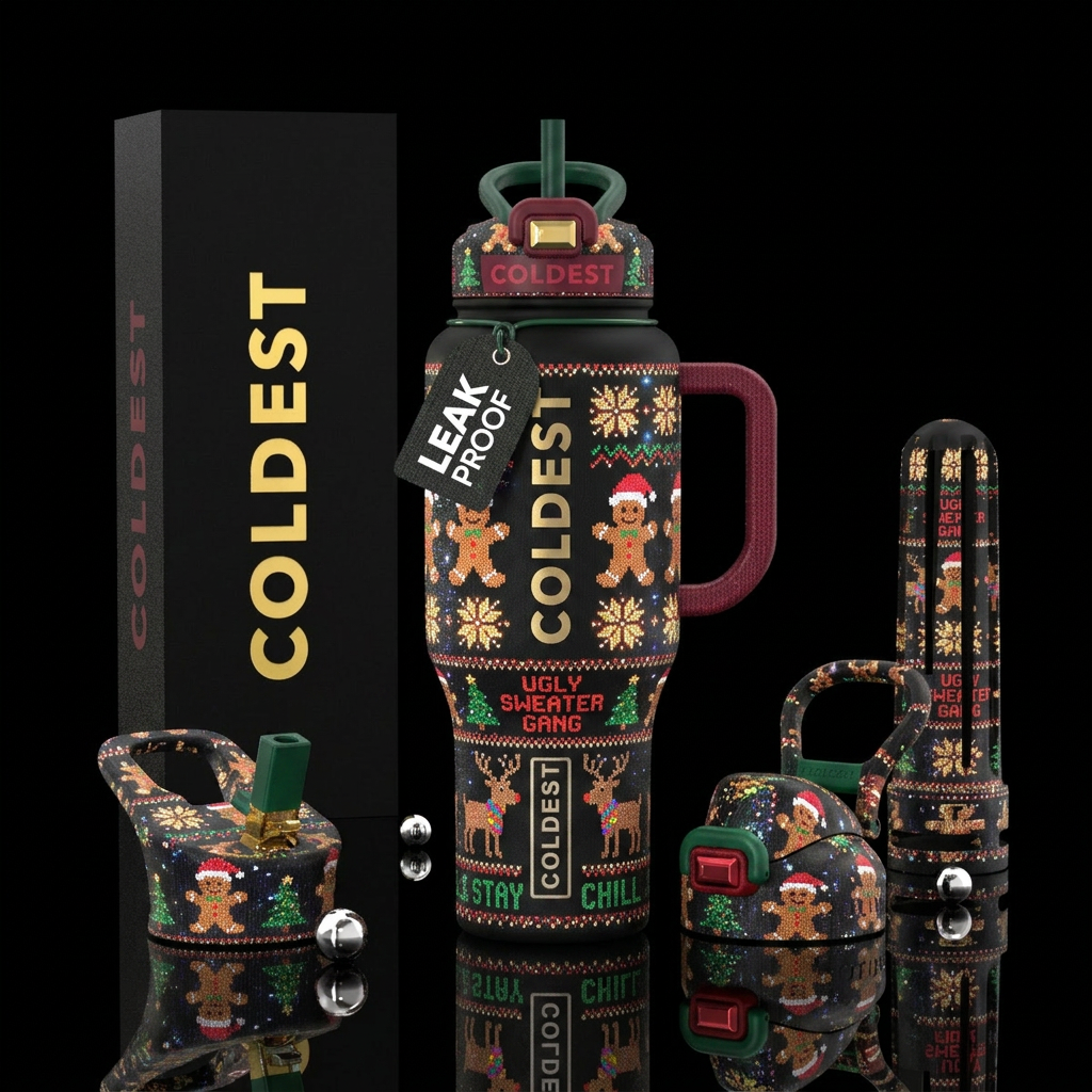 Christmas ugly sweater inspired, funny, vibrant, m... water bottle design