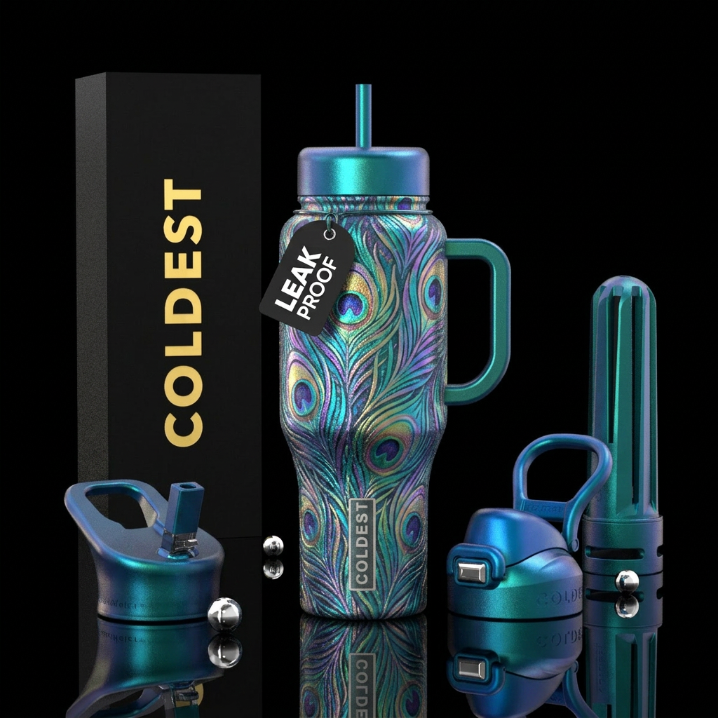 The peacock inspired, vibrant, beautiul, magical, ... water bottle design