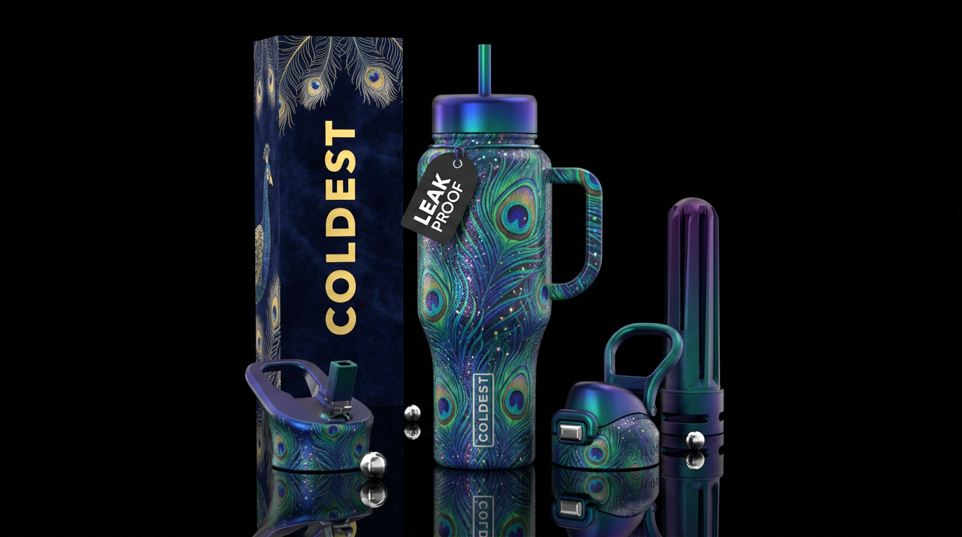 The peacock inspired, vibrant, beautiul, magical, ... water bottle design