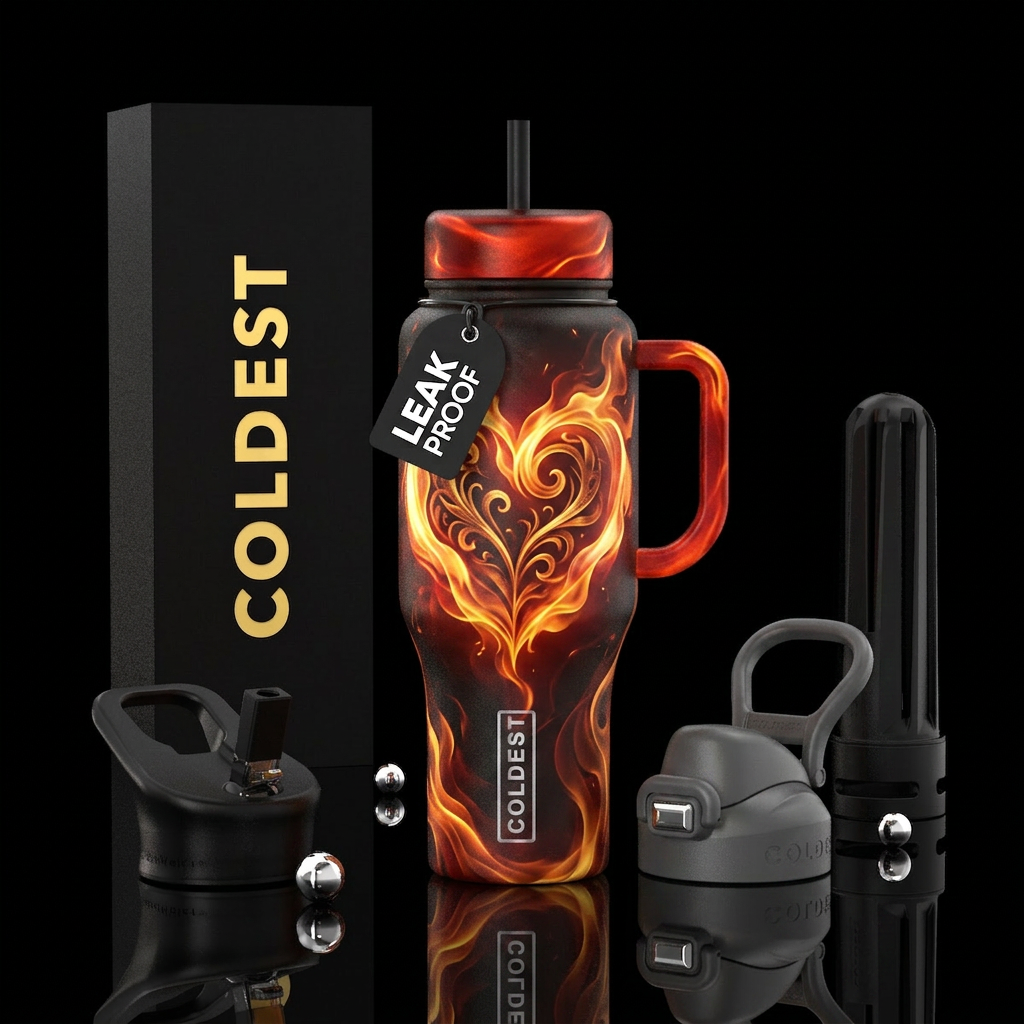 Firey heart, vibrant, beautiul, stylistic, artisti... water bottle design