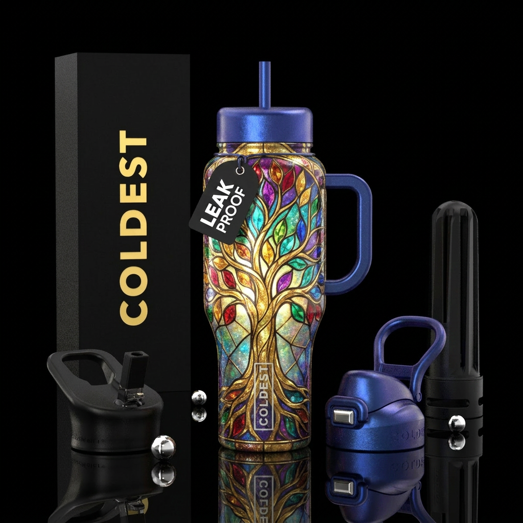 Tree of life all Chakra colored leaves,stained gla... water bottle design