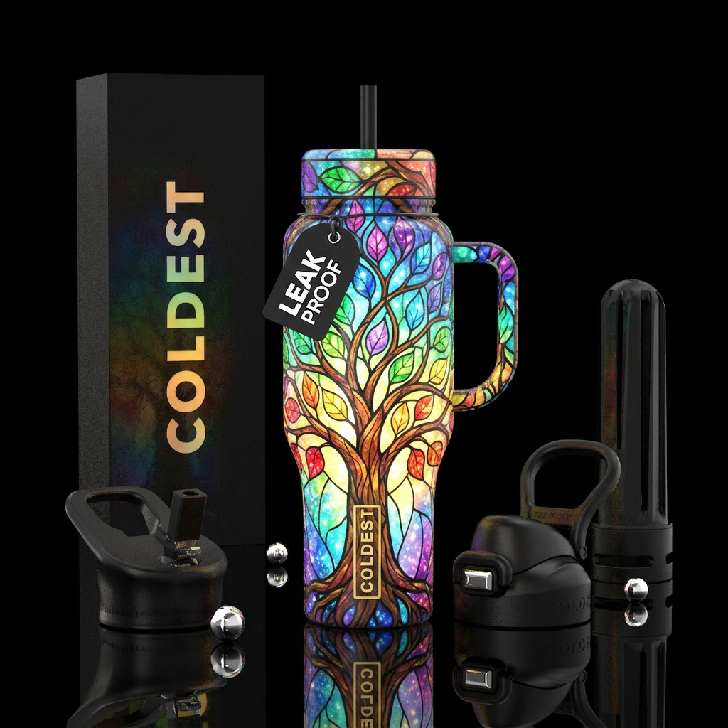 Tree of life all Chakra colored leaves,stained gla... water bottle design