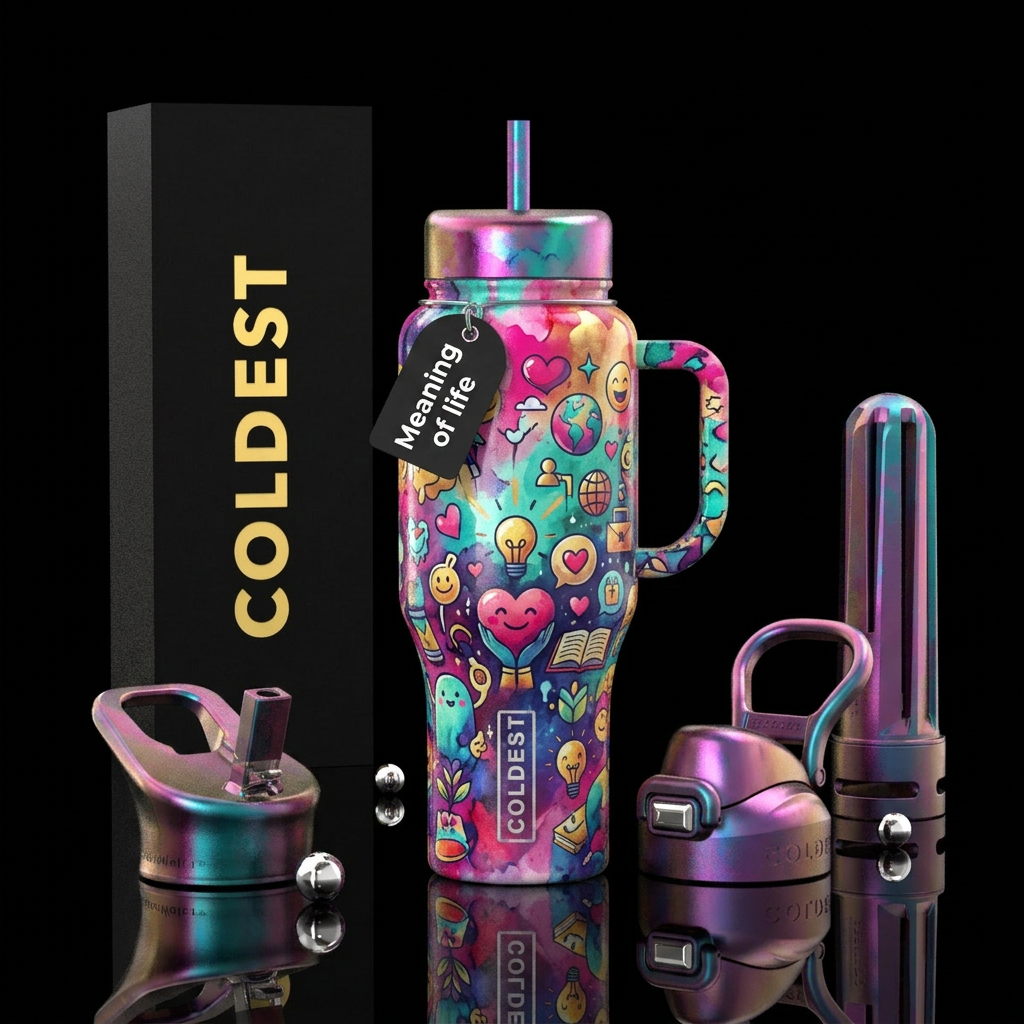 Meaning of life, shiny, vibrant, beautiul, dramati... water bottle design