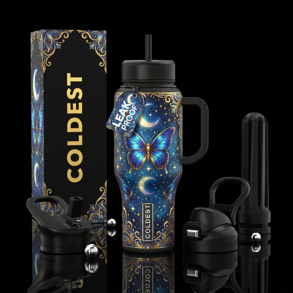 Moonlit butterfly with half moon and stars, shiny,... water bottle design