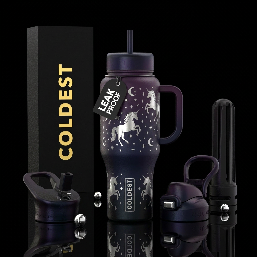 Black background with silver unicorns stars half m... water bottle design
