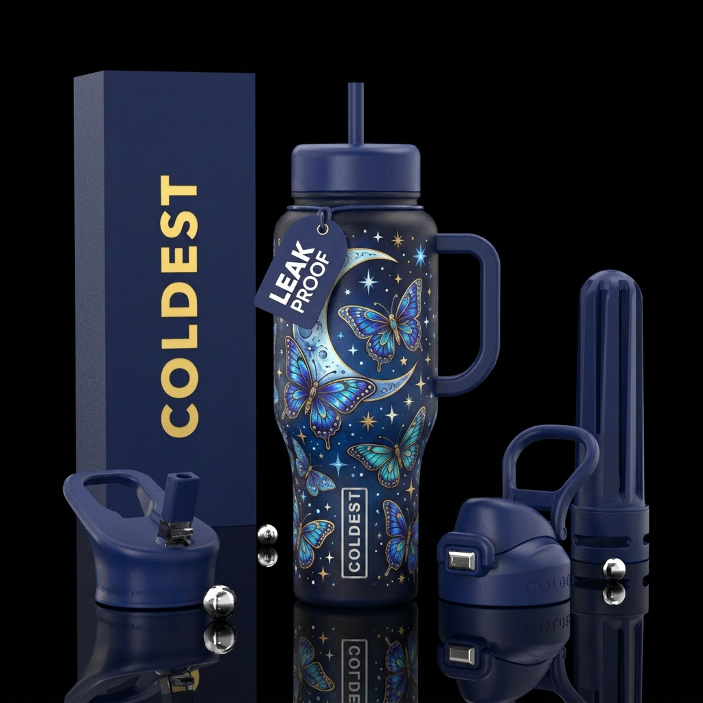 Moonlit butterfly with half moon and stars, shiny,... water bottle design